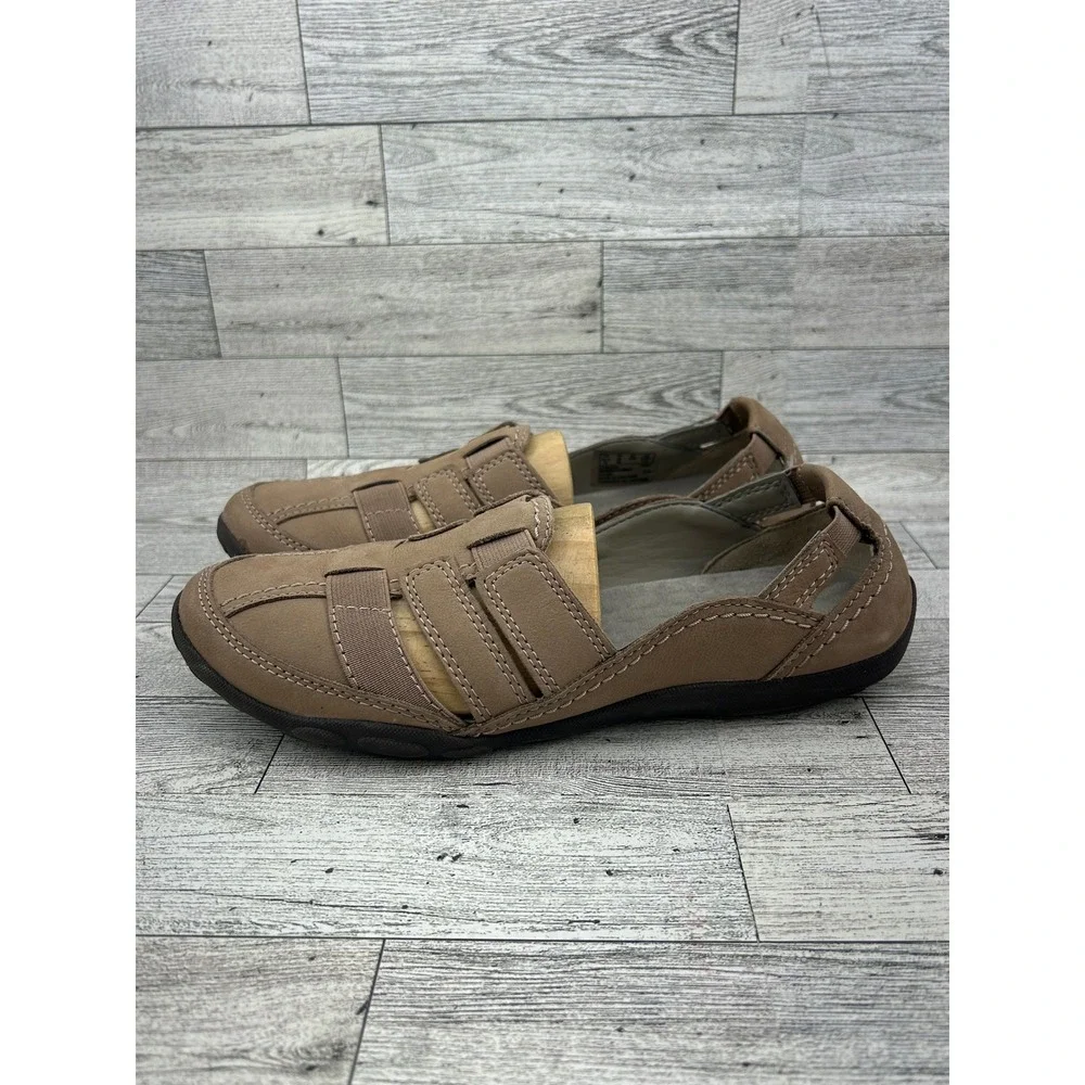 Clarks Women's Taupe Leather Elastic‎ Strap Comfort Loafer Shoes Size 8